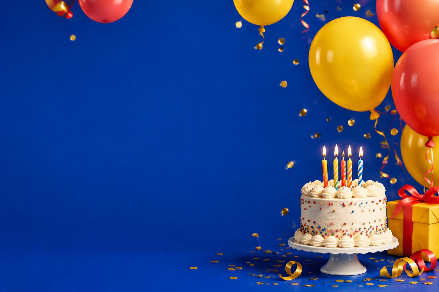 Globos dorados y rojos, confeti y un pastel de cumpleaños con velas encendidas